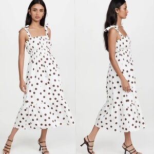 Faithfull the Brand Gia Midi Dress, Cocoa Dot Print, Cotton Poplin, Size XS